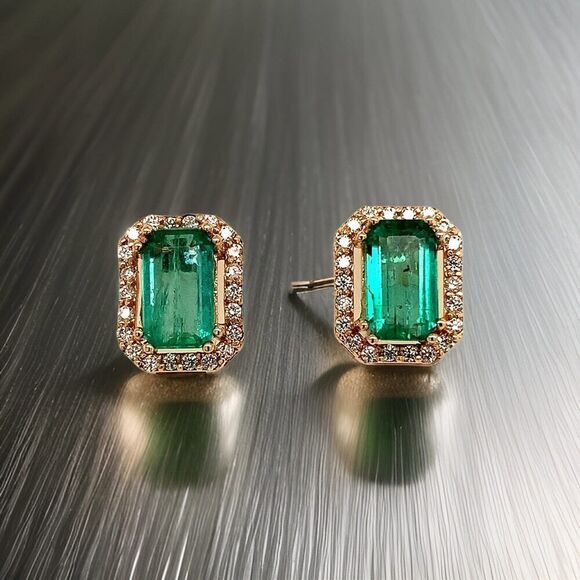 Natural Emerald Diamond Stud Earrings 14k Y Gold 1.85 TCW Certified $3,950 - Picture 1 of 14